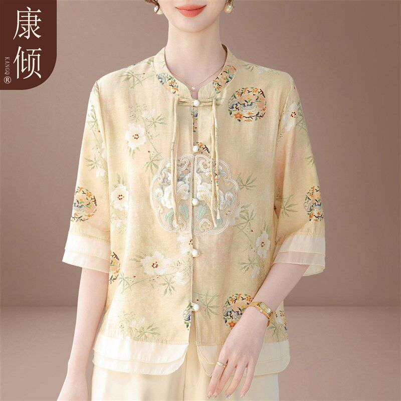 50多岁妈妈夏装雪纺套装2025新款唐装上衣中老年女春夏新中式小衫