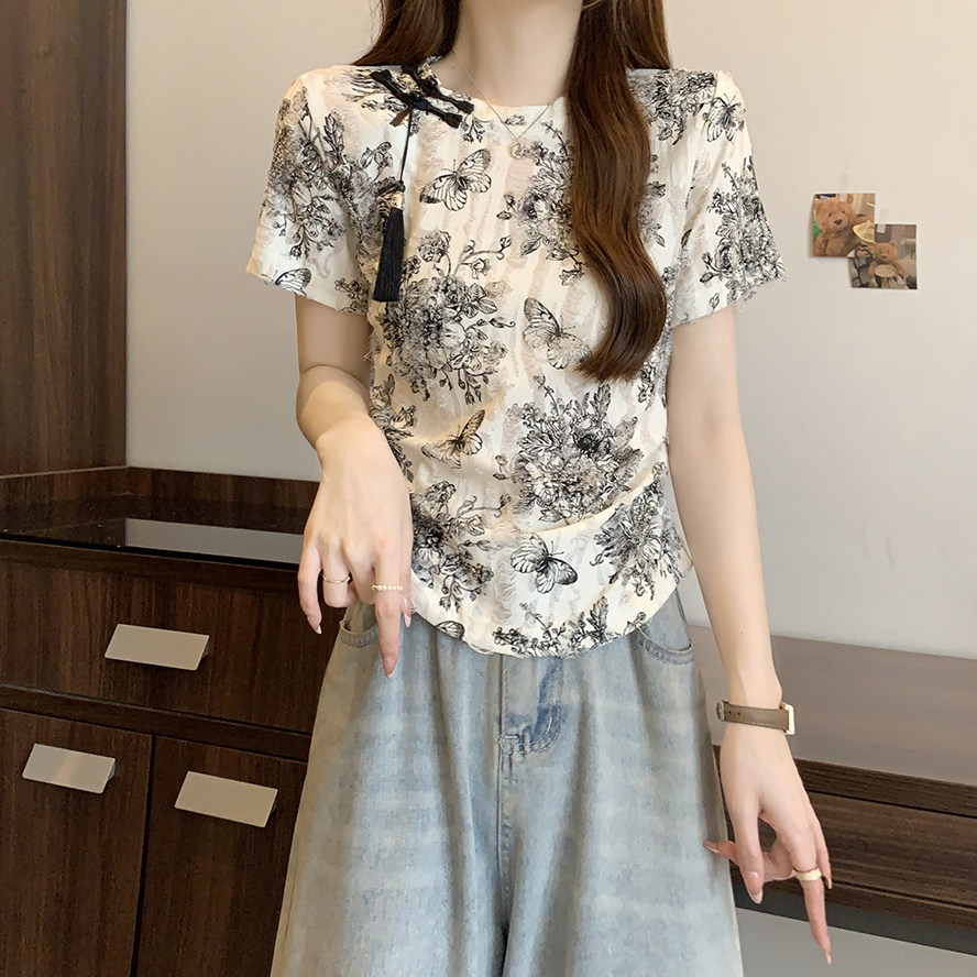 新中式提花短袖T恤女夏装大码胖mm显瘦复古国风盘扣上衣唐装小衫