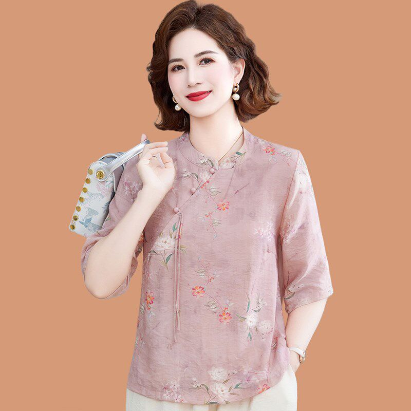 新中式妈妈夏装旗袍印花小衫2025新款中老年女装中袖薄款唐装上衣