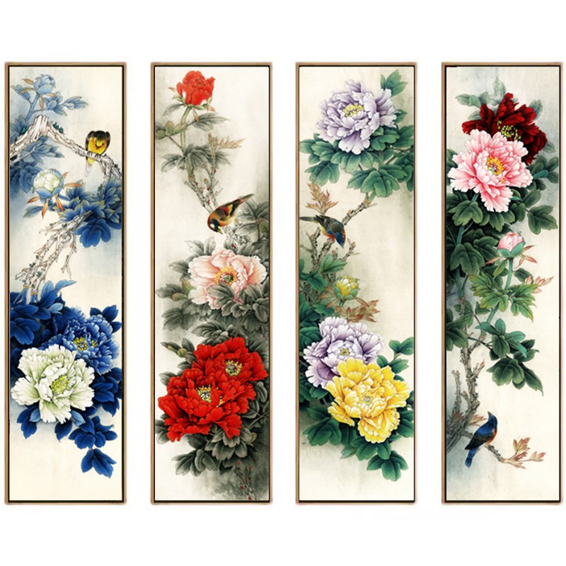 现代中式装e饰画牡丹花鸟客厅沙发背景墙挂画酒店餐厅有框画四联