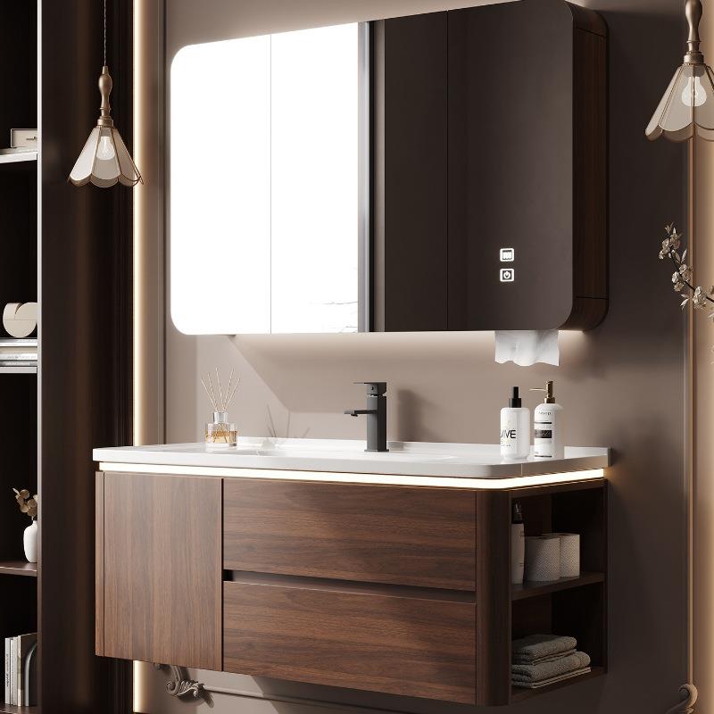 中古风胡桃木色圆弧浴室柜组合卫生间陶瓷一体洗漱台洗手池洗脸盆