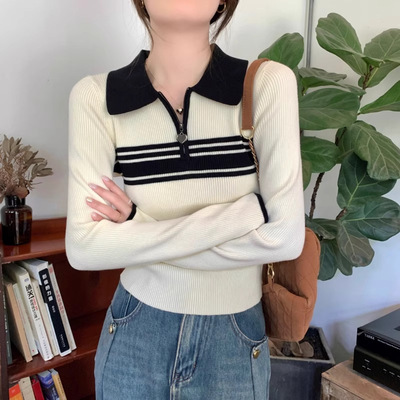 半拉链polo领针织衫女秋