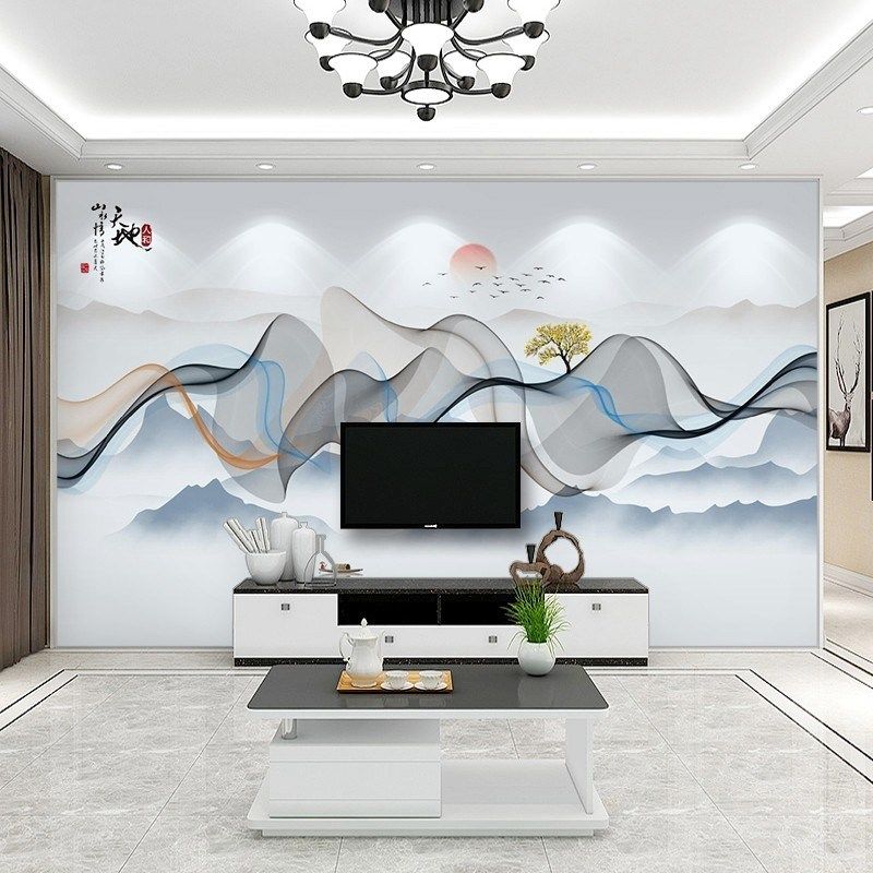 2021新款网红简约壁画 画电v视背景墙壁纸8D麋鹿羽毛墙布影视装饰