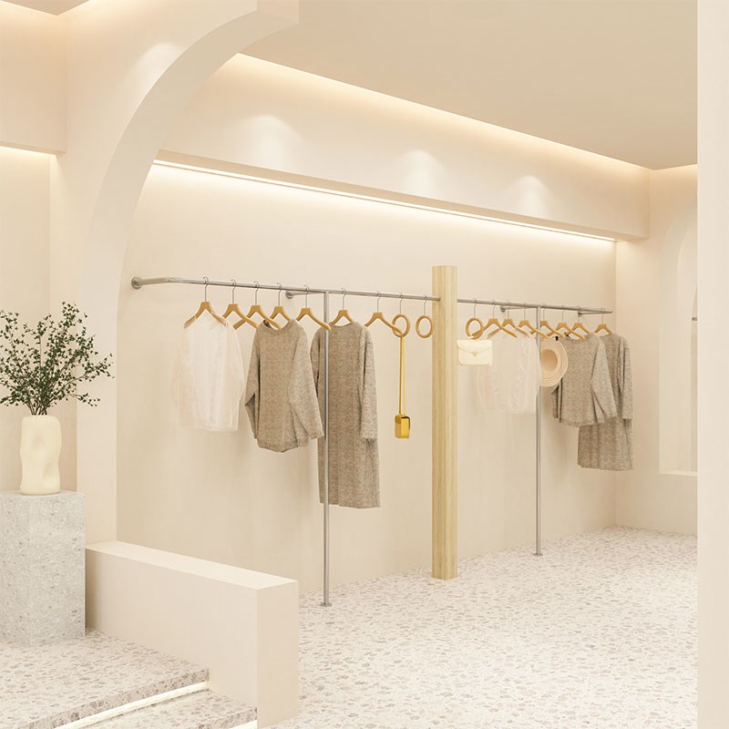服装店上墙展示架侧挂陈列货架男女时装I店上墙挂衣架木头不锈钢