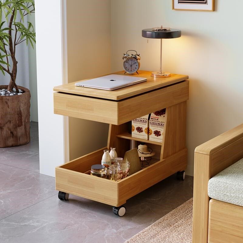 原木风全实木可移动m升降沙发边几侧边柜橡胶木边桌收纳小户型推