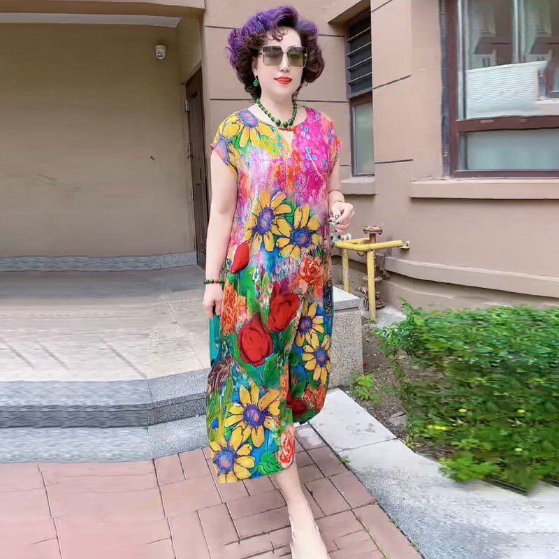 2025夏季新款时尚双绉连衣裙气质洋气妈妈减龄宽松大码花色长裙子