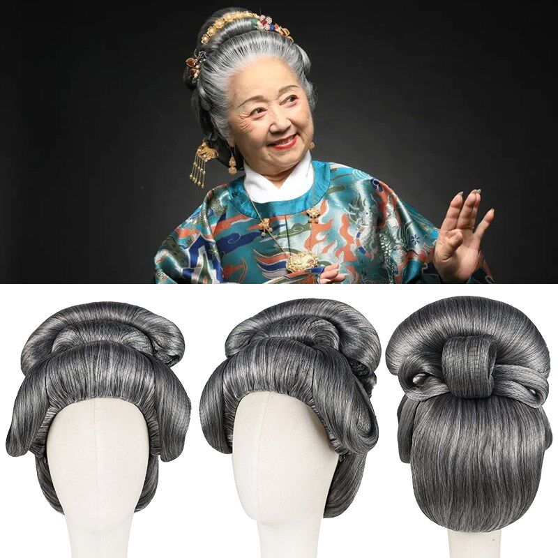 古代老太太汉服花白色假发古装影视假发套话剧演出老太婆花白整顶