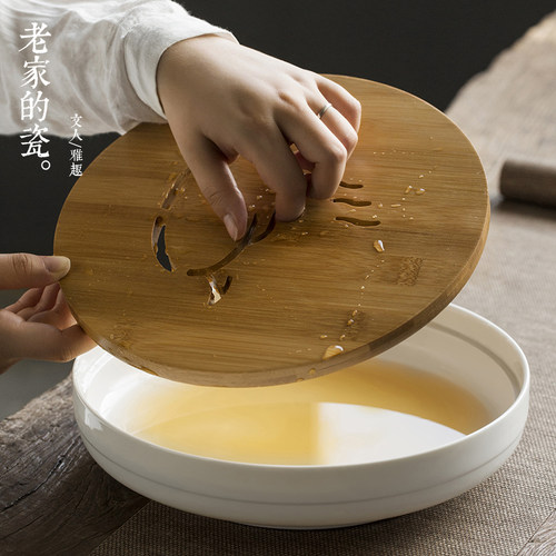 猪油白陶瓷圆形竹茶盘储水家x用功夫茶具干泡茶道托盘简约竹制茶