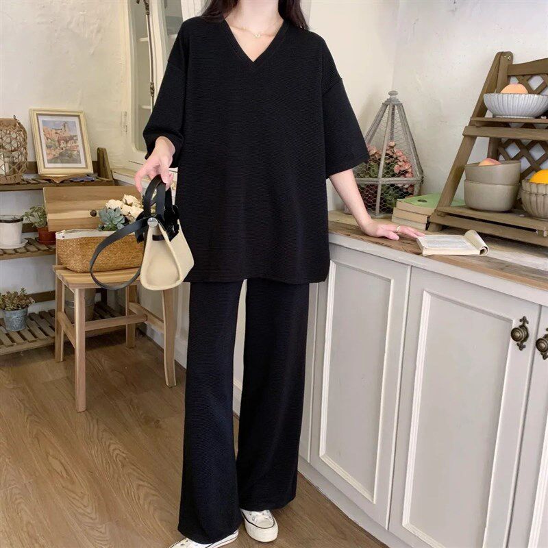 夏季女款胖MM大码宽松显瘦上衣阔腿裤两件套300斤休闲V领短袖套装