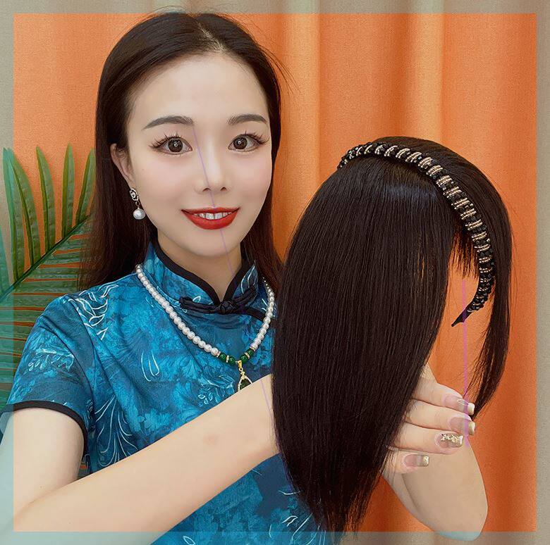 倾丝假发发箍刘海一体真发发片自然水钻增发量前额齐刘海假发片
