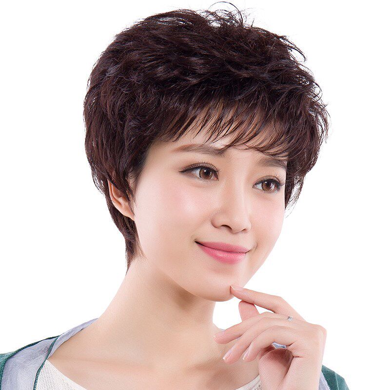 中老年假发女蓬松短卷发送妈妈假发女短发真发发套圆脸女士假发型