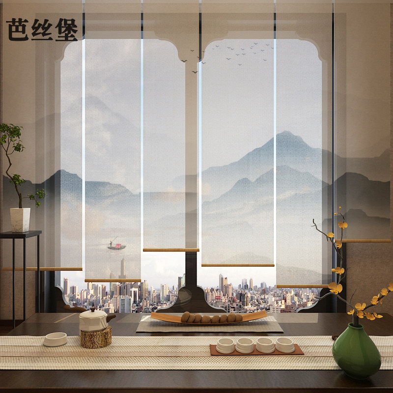 卷帘窗帘悬挂式隔断装饰升降z电动手拉透明双层客厅茶室全遮光帘