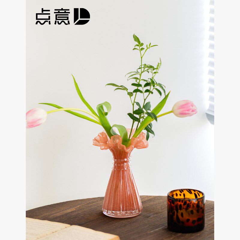 法式花边a舞裙琉璃花瓶中古芬顿粉色橙色绝美摆件高颜值软装花器
