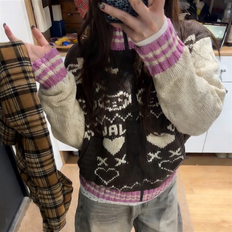 设计感!复古粗针撞色翻领毛衣开衫女春装新款韩版拉链针织衫外搭