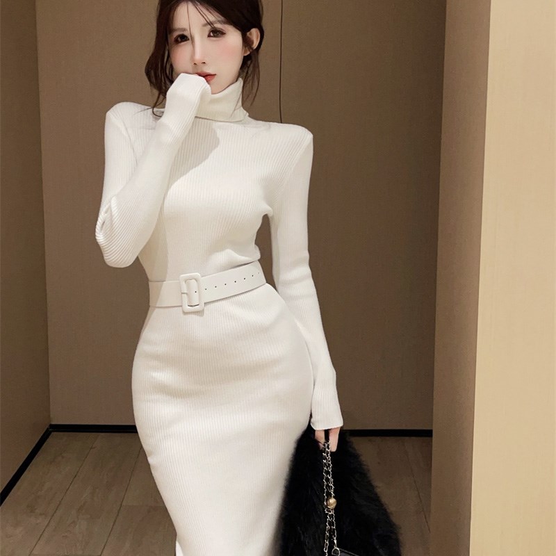 内搭长款针织连衣裙女秋冬修身包臀气质高领百搭简约配大衣打底裙