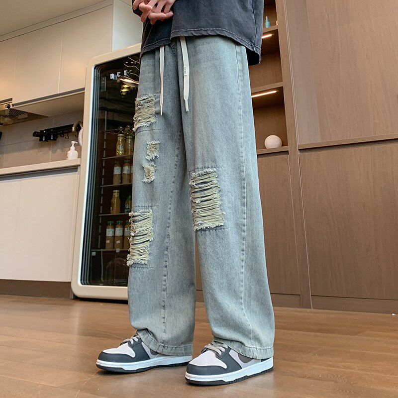 春秋季破洞牛仔裤男孩13初高中学生直筒长裤15岁大童男装休闲裤子