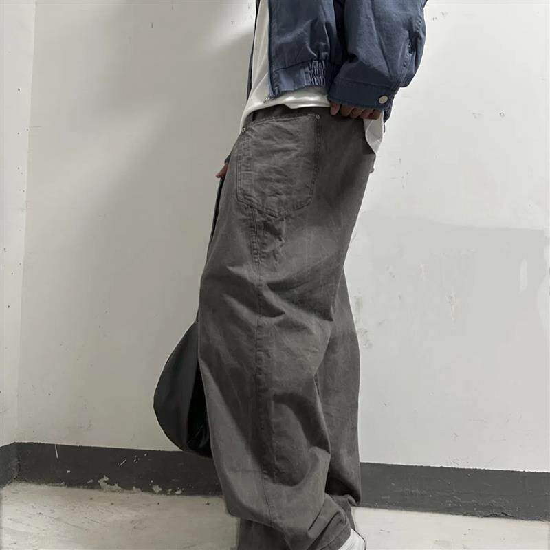美式复古水洗做旧破洞牛仔裤男宽松微喇日系垂感百搭男女显瘦裤子