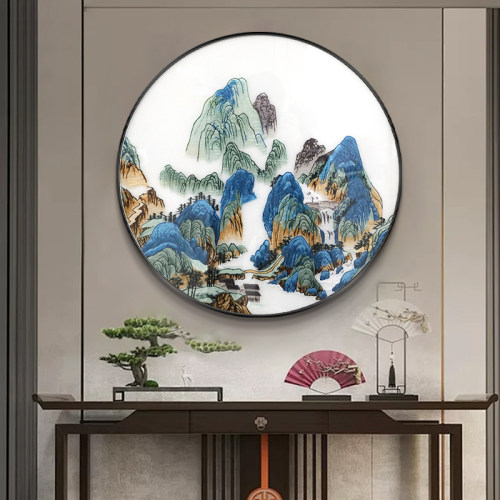 新中式高端刺绣客厅玄关走廊过道挂画锦绣山河圆形餐厅画装饰壁画
