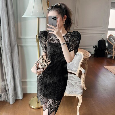 2025夏季新款女甜美气质水溶蕾丝镂空修身包臀泡泡袖连衣裙10063