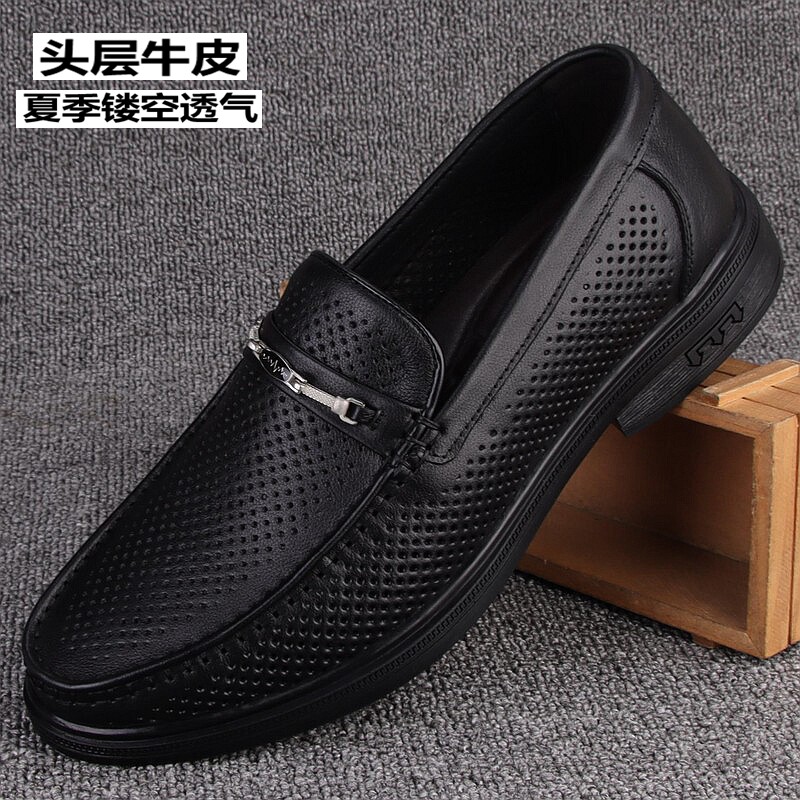 外贸男鞋夏季新品镂空休闲皮鞋真皮头层牛皮软底套脚一脚蹬凉皮鞋