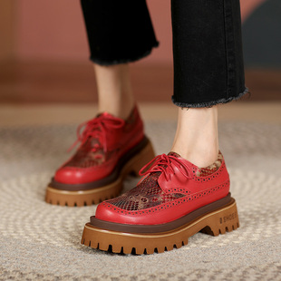 杨小东气质英伦松糕鞋坡跟厚底单鞋女2023春秋新款系带粗跟小皮鞋