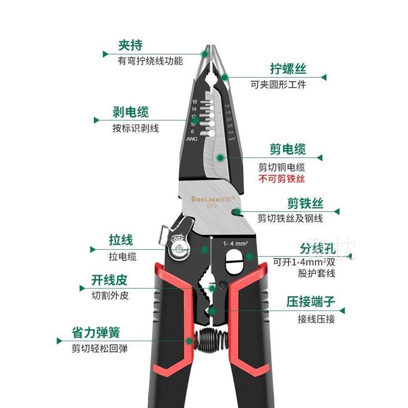 德国博剥线钳9合1多功能电线剥皮剪线钳电工专用拔线拨世