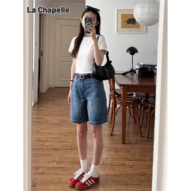 美式复古蓝色高腰直筒五分牛仔短裤女夏季薄款宽松a字阔腿中裤子