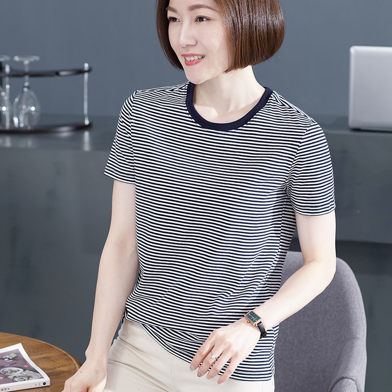 2025纯棉圆领黑白条纹T恤女短袖夏季大码宽松胖mm遮肚子半袖上衣