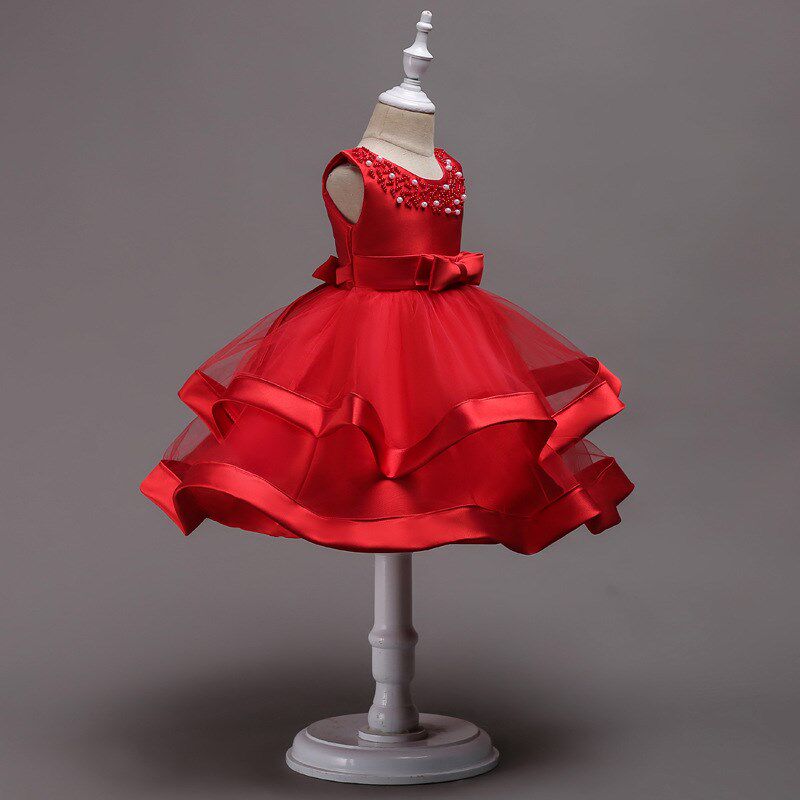 女童缎面红色公主裙小主持人生日蓬蓬裙花童礼服六一幼儿园表演服