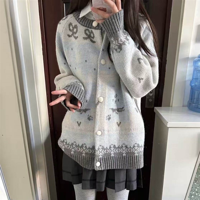 超甜美!软糯提花单排扣毛衣开衫女2025秋装新款韩版长袖针织外套