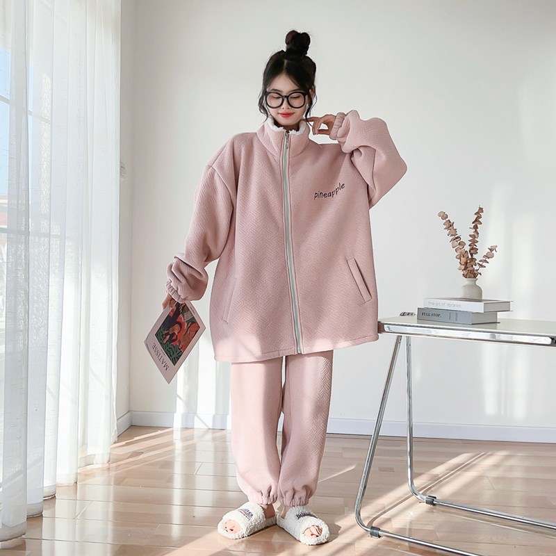 立领拉链保暖绒大码睡衣女胖mm200斤冬季开衫加厚加绒家居服套装