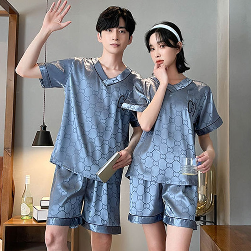 短袖睡衣女夏冰丝开衫情侣时尚网红风丝绸卡通大码家居服男可出门