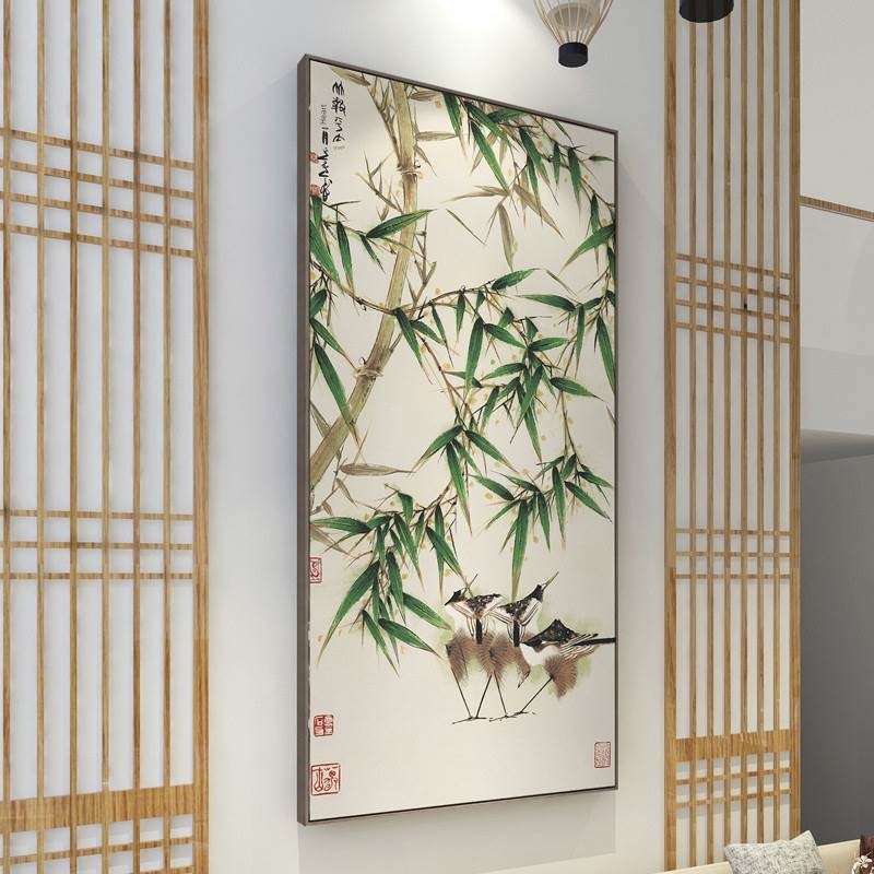 新中国风花鸟g入口装饰画办公室书房写意水墨画酒店民宿竖竹挂画