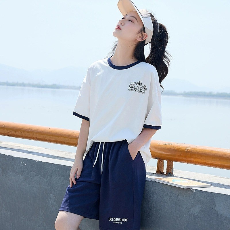 少女休闲 运动套装夏季大童两件套女学生圆领短袖T恤短裤初中