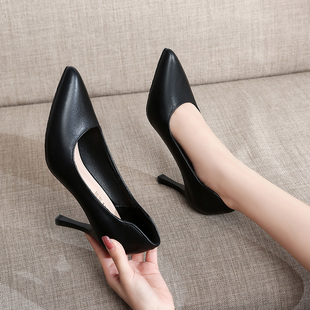 2021新款 黑色皮鞋 真皮百搭单鞋 正装 尖头细跟职业工作鞋 空乘高跟鞋