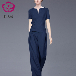 高级感短袖上衣阔腿裤套装女2023夏季新款时尚气质休闲两件式长裤