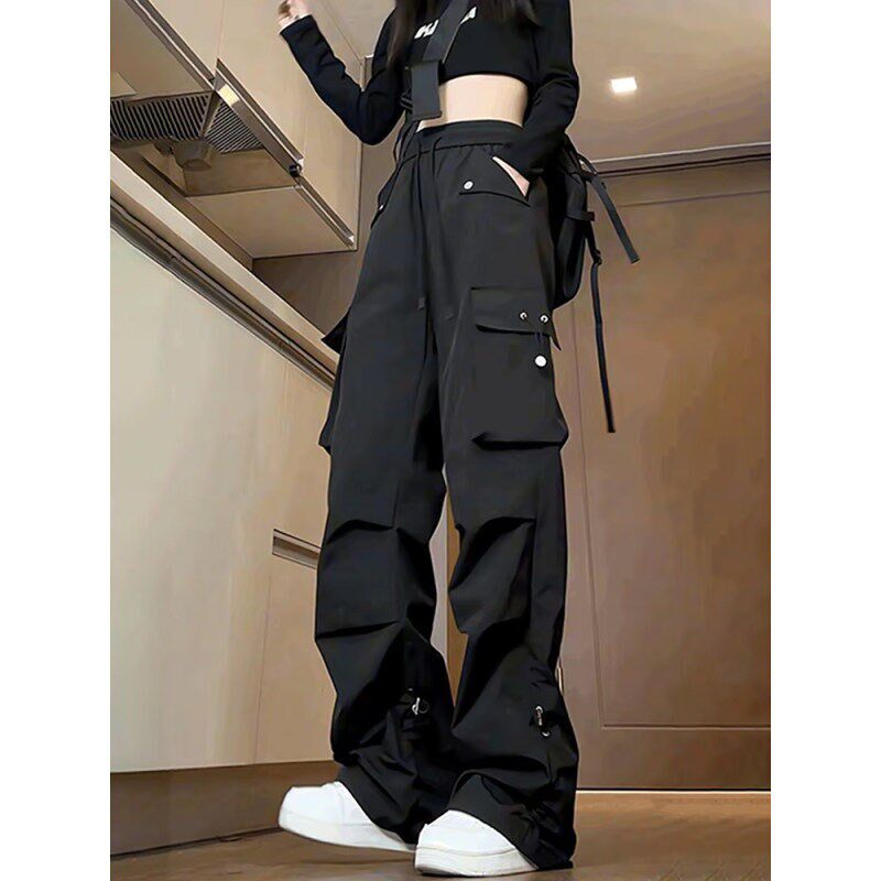 美式休闲裤子男款夏季黑色多口袋工装裤机能宽松直筒褶皱大码长裤