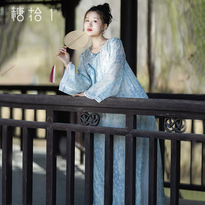 【梨花雨雪】复古中式雪纺印花连衣裙女2024夏季撞色盘扣轻薄长裙
