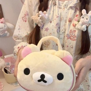 可爱卡通轻松熊熊妹毛绒小熊头椭圆立体化妆包便携收纳洗漱包