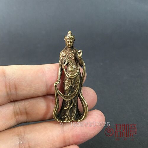 迷你袖珍黄铜大势至观音菩萨小摆件实心铜站立观音手把件口袋佛像