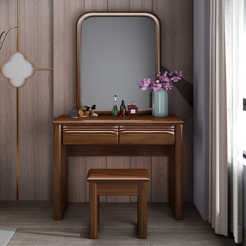 简约现代胡桃木实木梳妆台卧室化妆柜轻奢小户型带镜子储物收纳柜