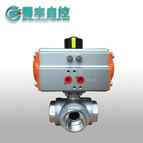 三通球阀气动不锈钢304Q614F16P14L15T型AT双作用丝扣内螺纹球阀