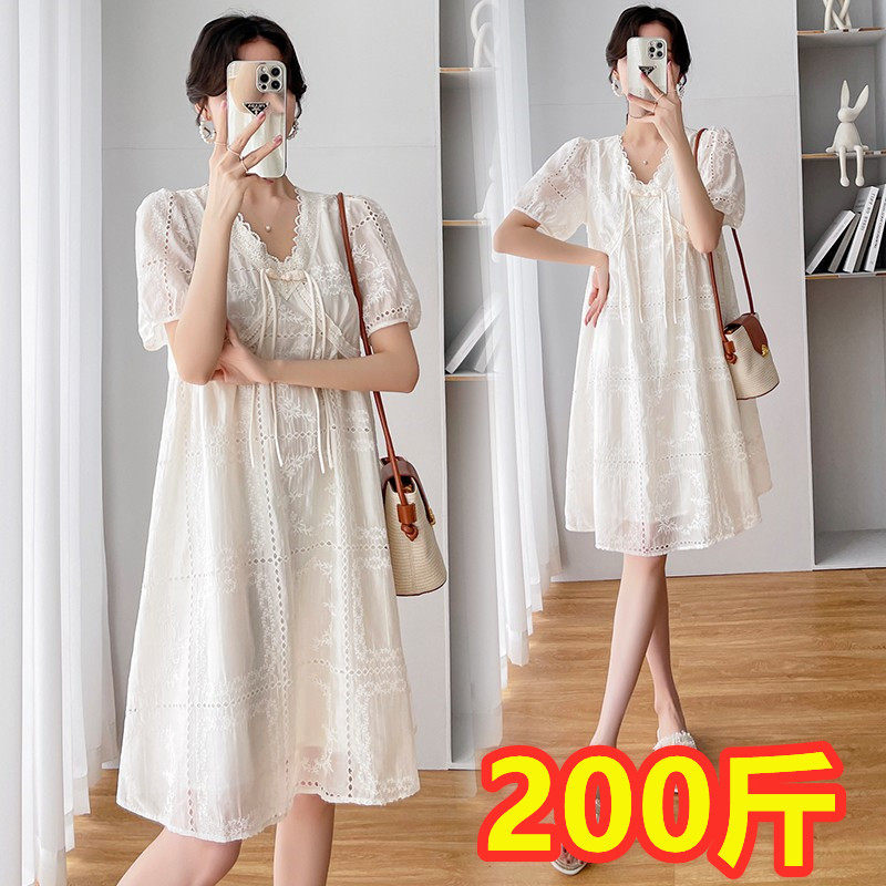 加肥超大码孕妇新款V领短袖连衣裙300斤夏装高品质9588棉刺绣裙子