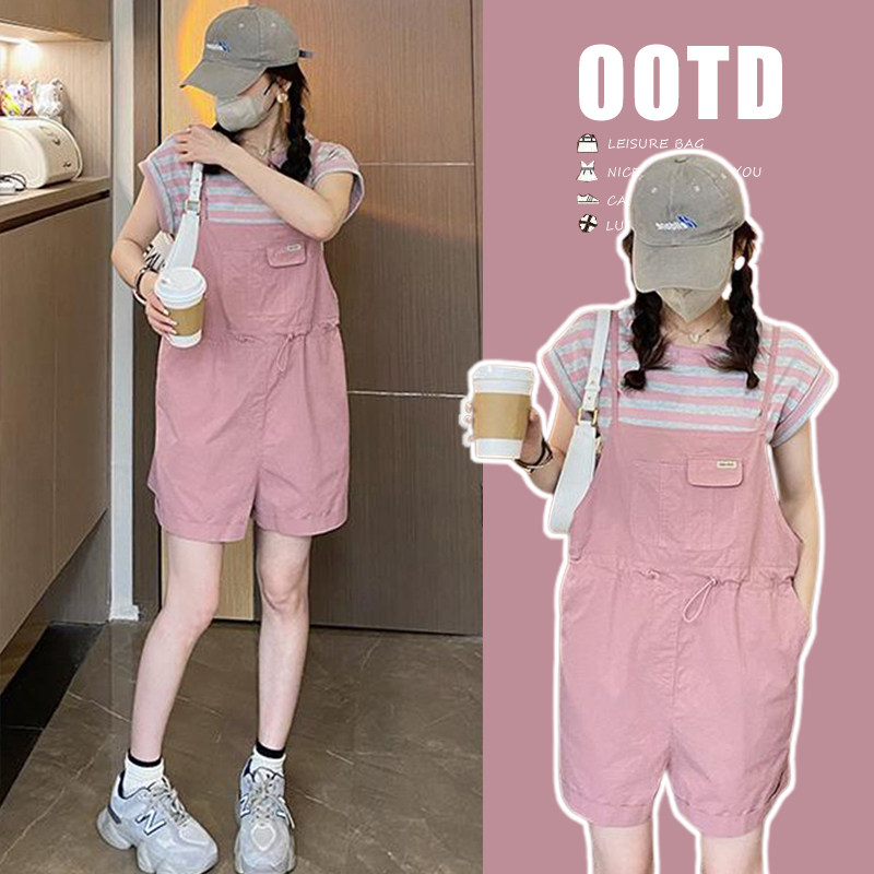 小个子孕妇装夏装2023新款套装时尚洋派时髦拼色条纹T抽绳抱婴袋