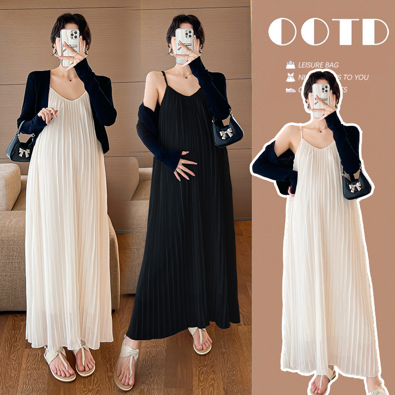 大码孕妇夏季雪纺连衣裙吊带气质仙女长裙遮肚宽松200斤两件套装