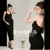 黑色挂脖连衣裙孕期妈咪写真艺术照摄影 法式 新款 影楼孕妇拍照服装