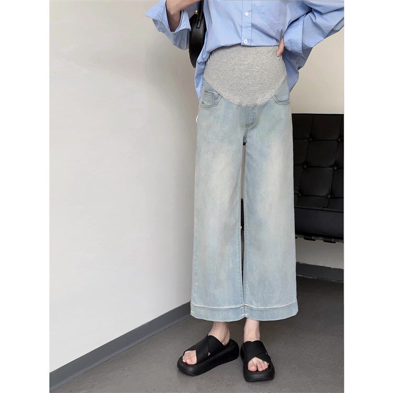 孕妇春装阔腿牛仔裤子不勒肚子春夏季2025新款外穿九分托腹直筒裤