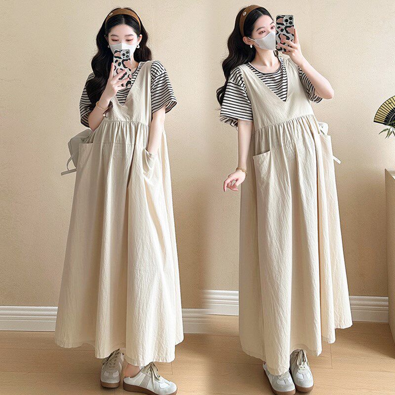 孕妇背带裙夏装套装时尚韩版孕妇装夏季两件套长款休闲夏天裙子女