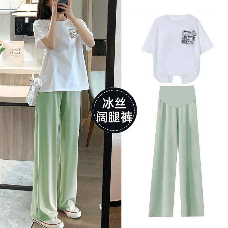 孕妇装春夏套装薄款夏季冰丝阔腿裤女2022新款套装休闲打底两件套