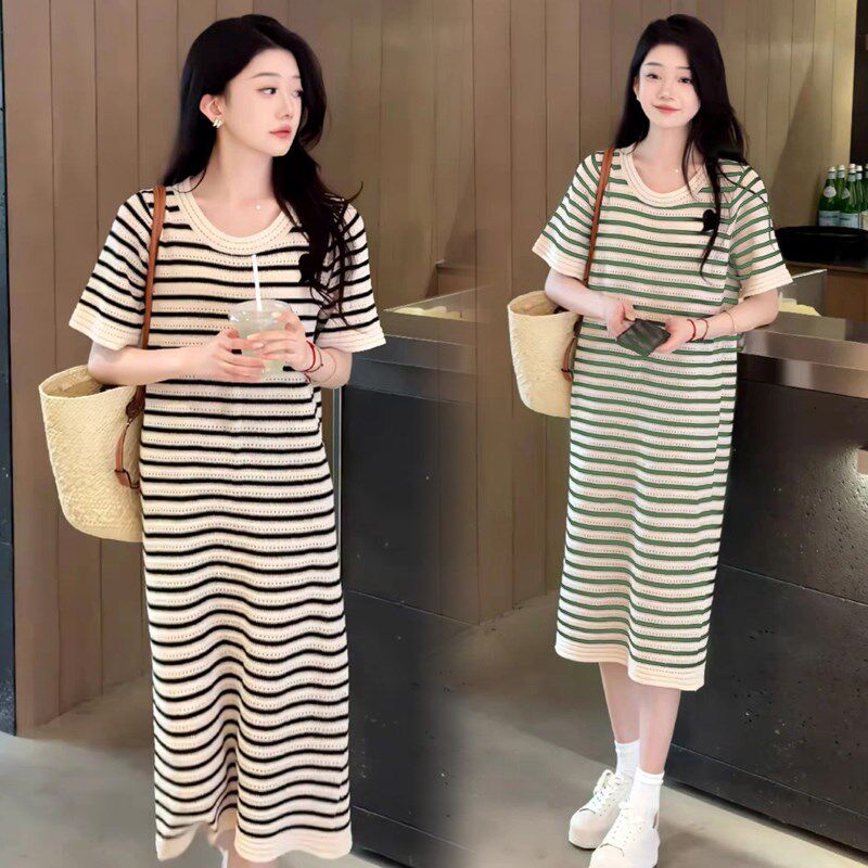 加大码孕妇针织连衣裙夏季冰丝条纹长裙宽松短袖显瘦打底衣200斤